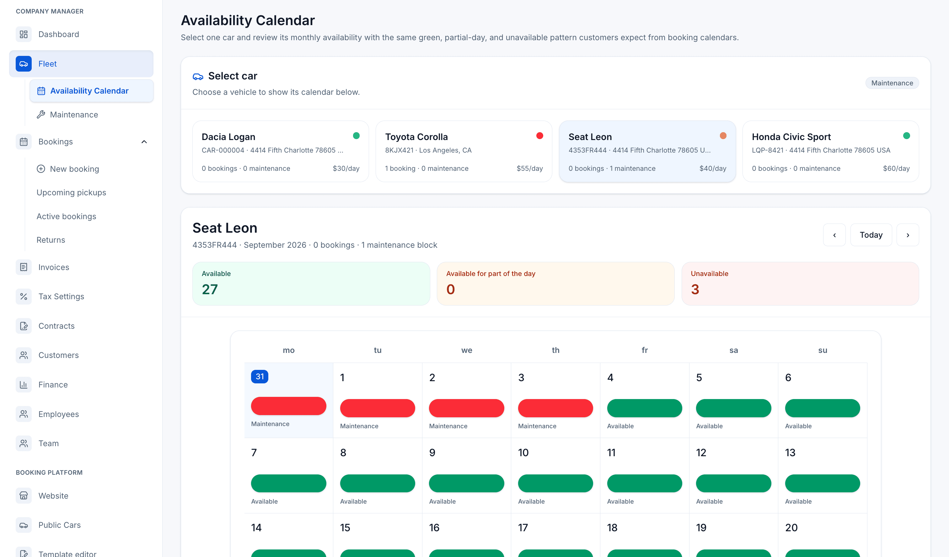 AvelisseRent availability calendar for rental vehicles