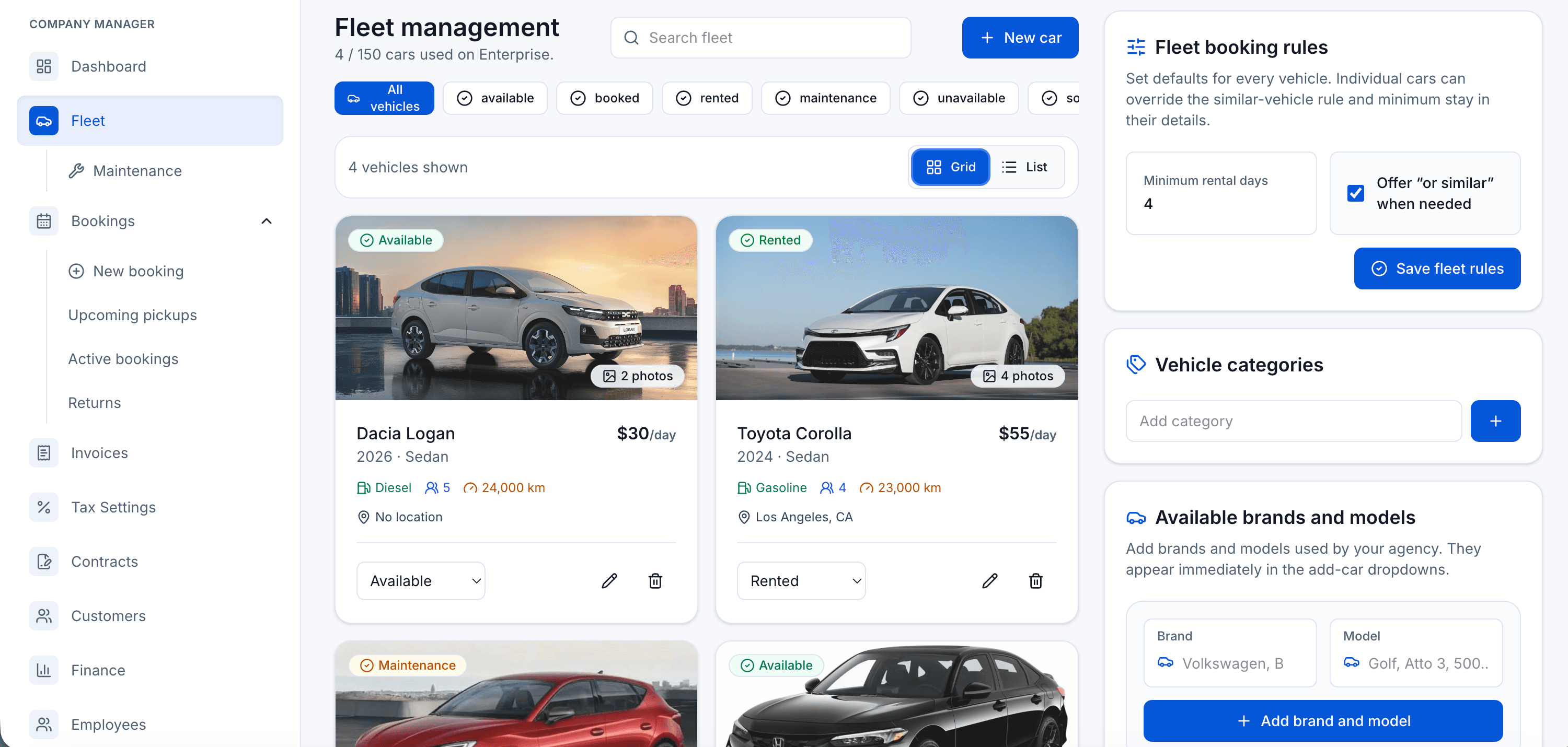 AvelisseRent car rental fleet management dashboard