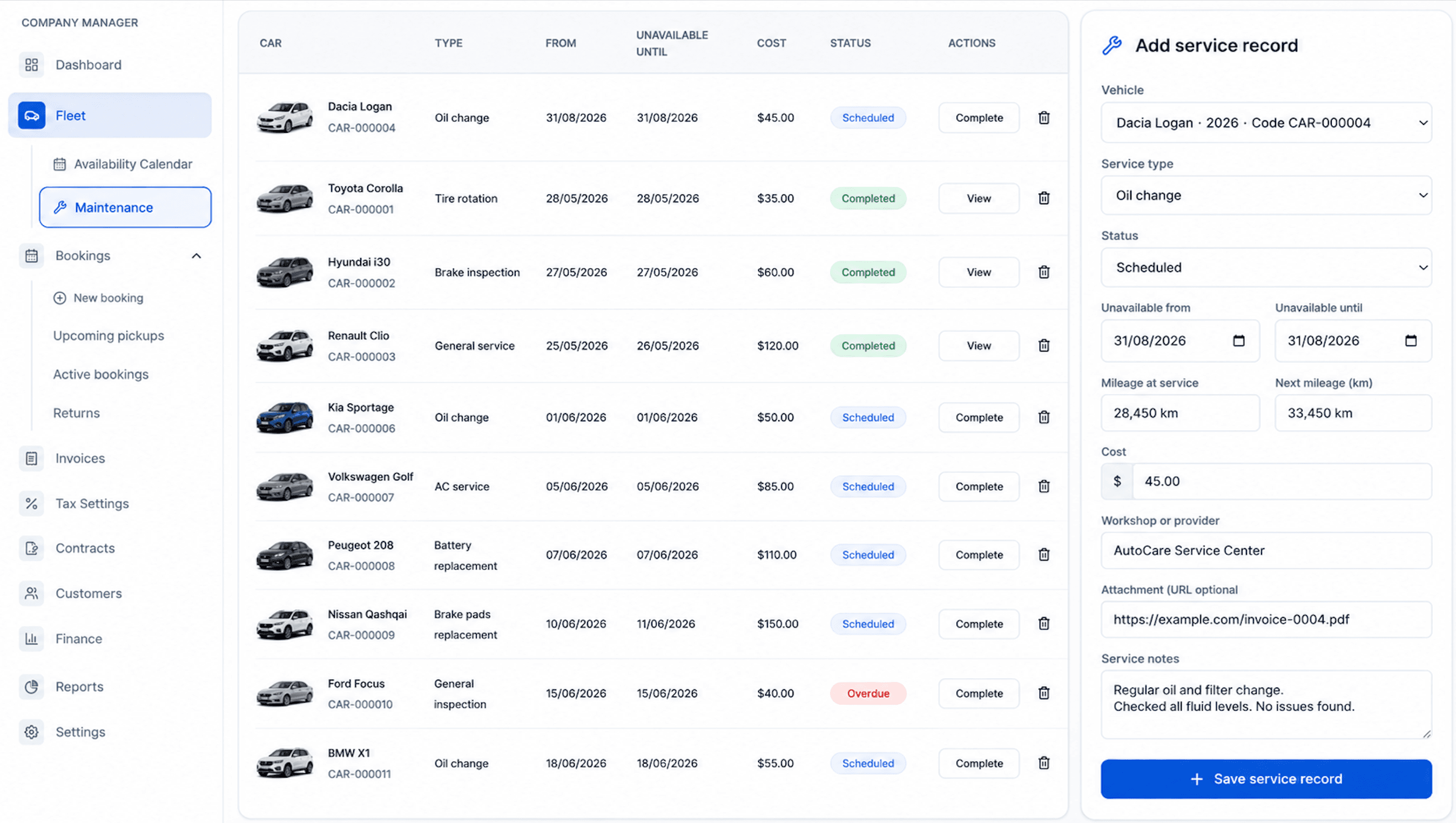 AvelisseRent maintenance management screen