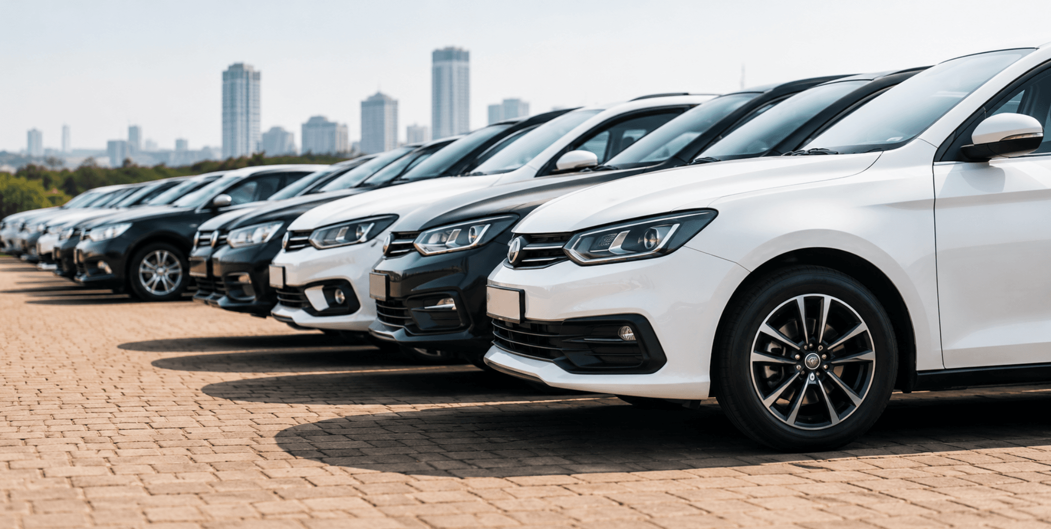 Rental cars lined up for fleet management