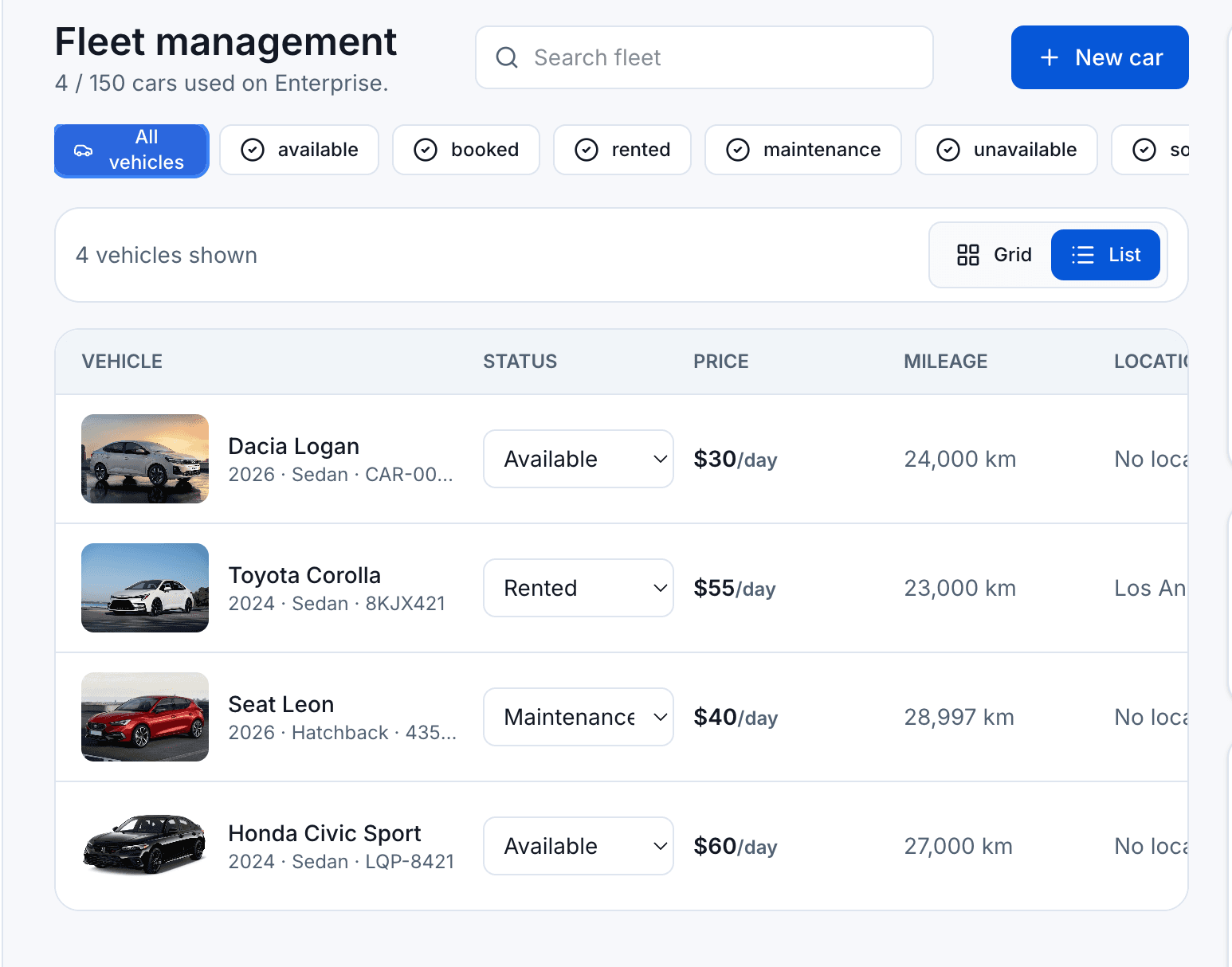 AvelisseRent vehicle management screen with fleet list