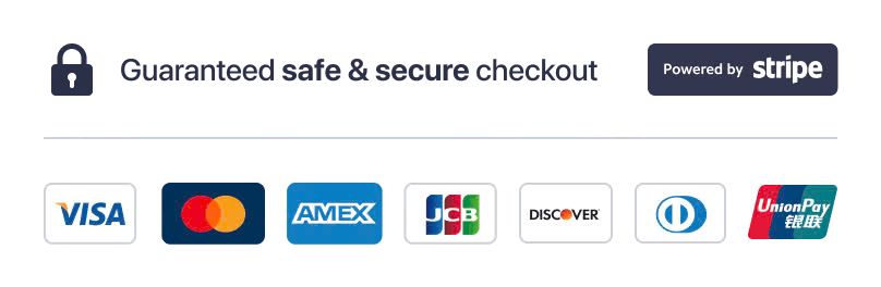 Guaranteed safe and secure checkout powered by Stripe. Accepted cards include Visa, Mastercard, American Express, JCB, Discover, Diners Club, and UnionPay.