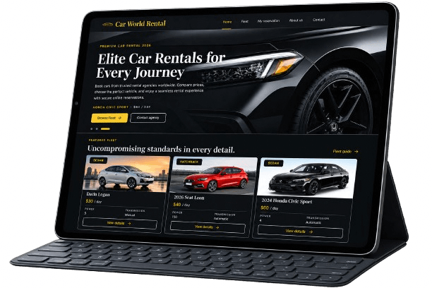 Car World Rental booking website displayed on a tablet