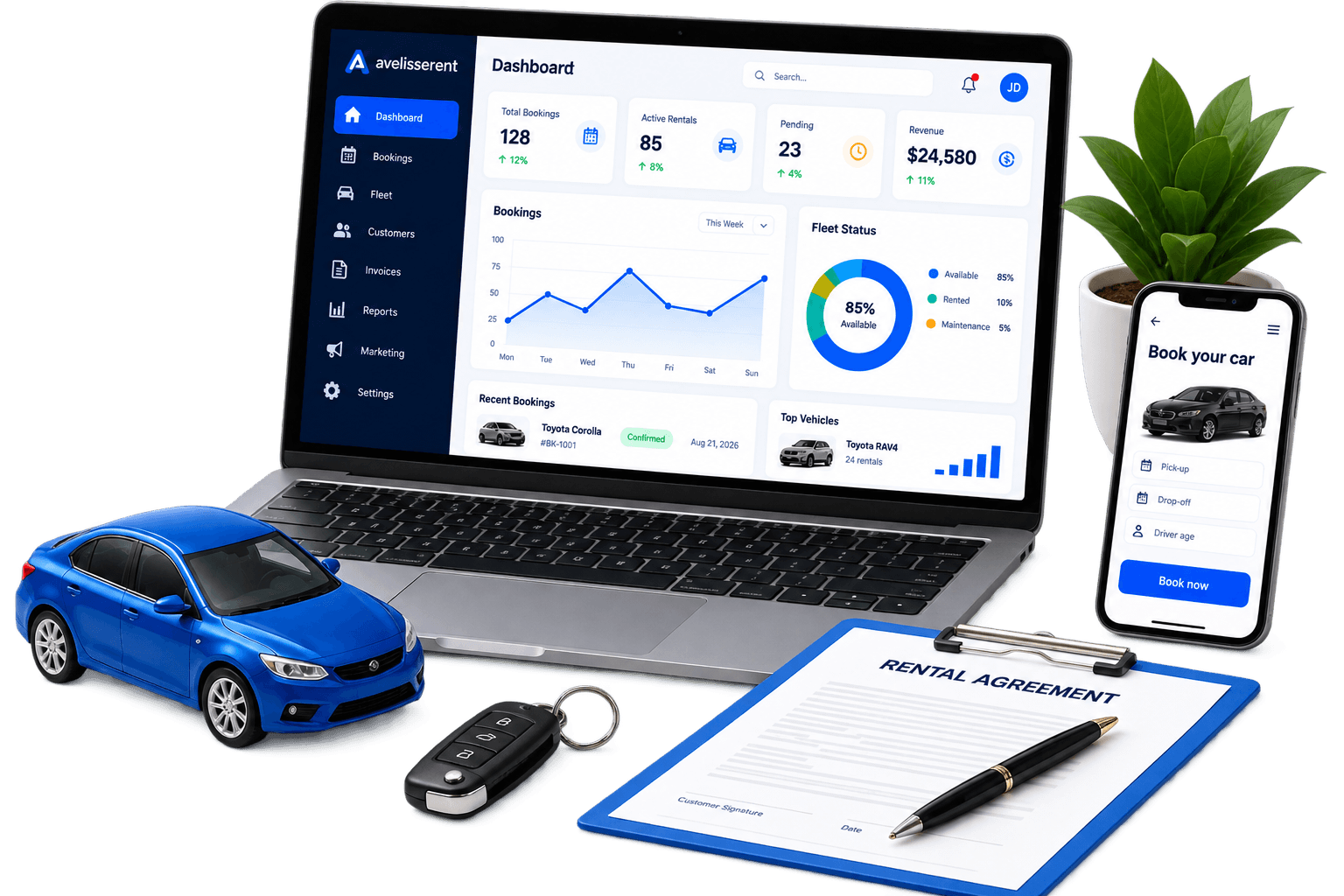 AvelisseRent dashboard, booking app, car key, and rental agreement
