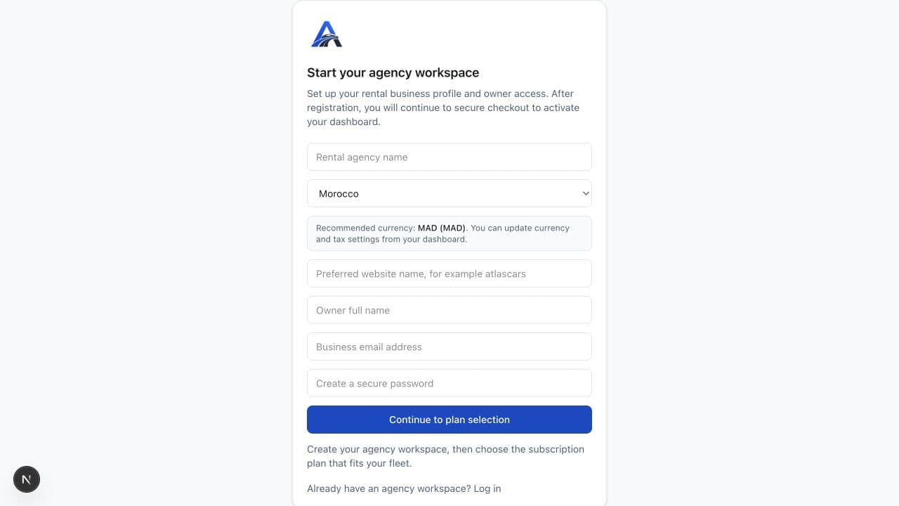 Live signup page for creating an agency workspace