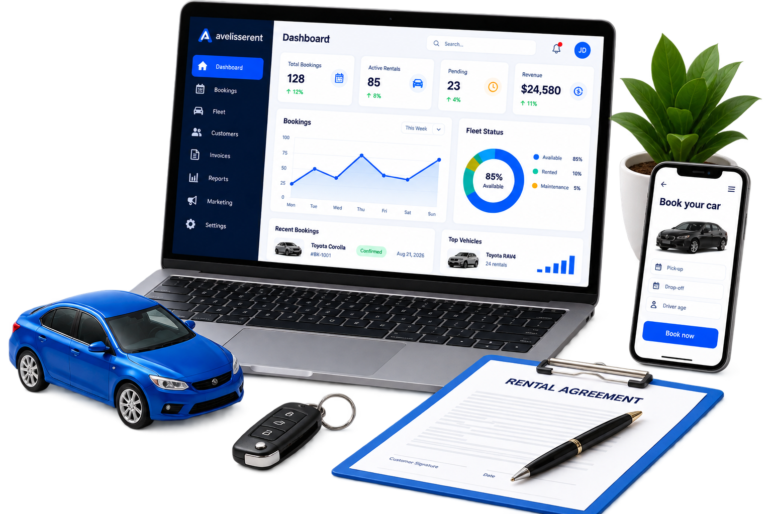 AvelisseRent dashboard, booking app, car key, and rental agreement