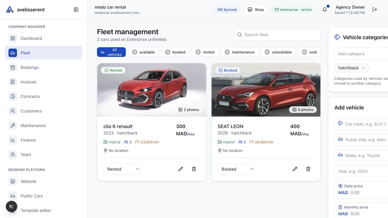 AvelisseRent Fleet screen showing rental vehicles and filters