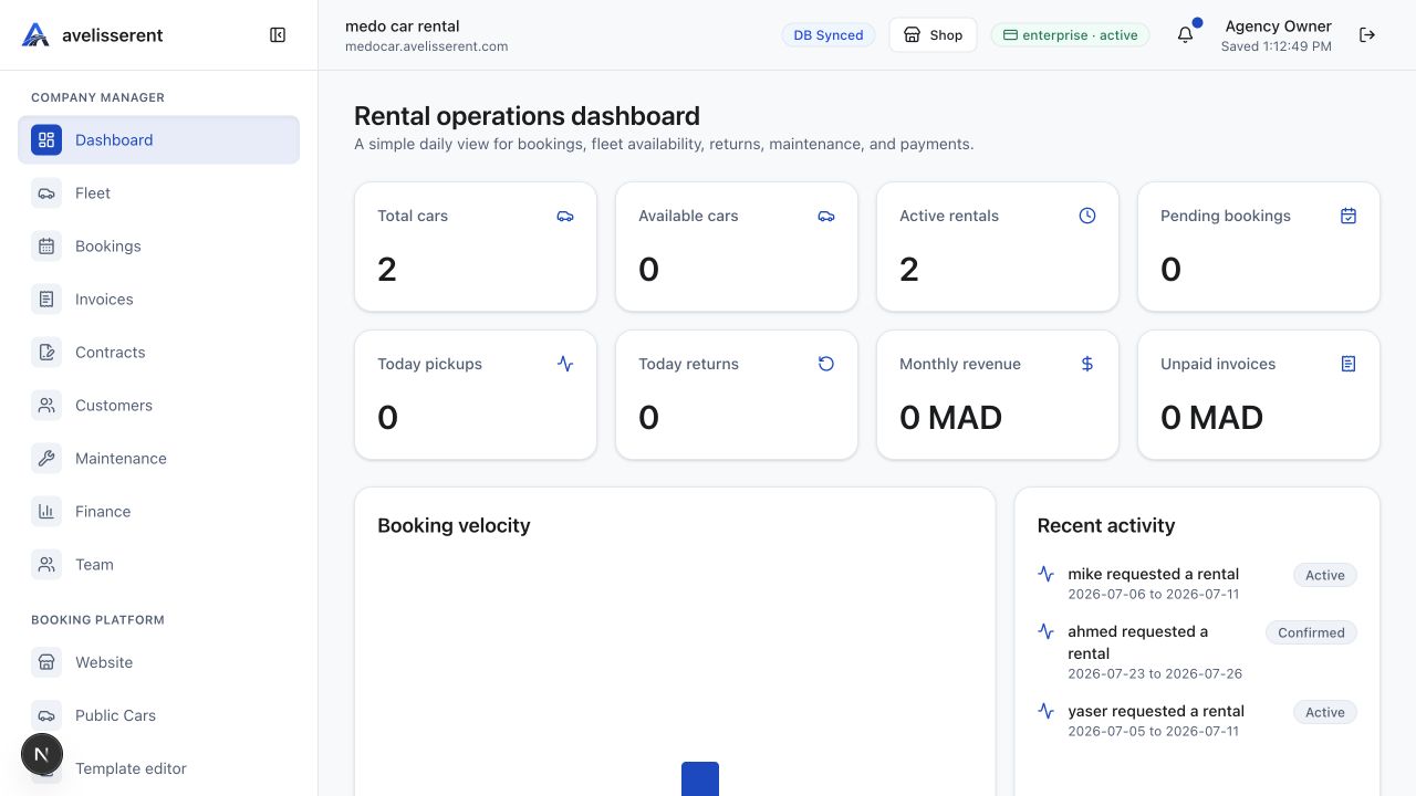 AvelisseRent rental operations dashboard with booking and revenue analytics