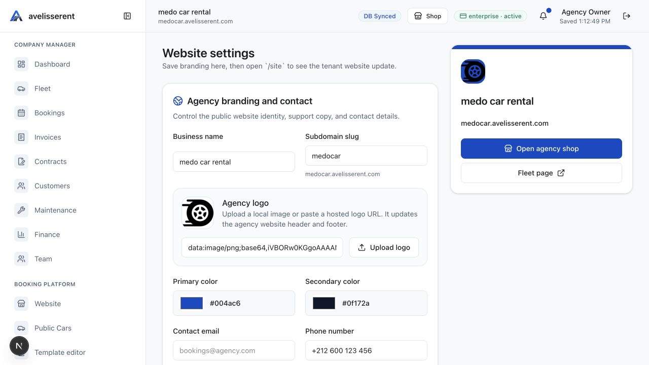 AvelisseRent Website settings screen with branding and contact fields