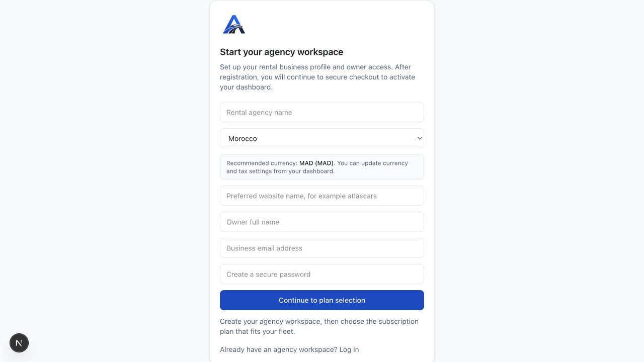 AvelisseRent signup screen for starting an agency workspace